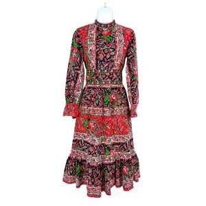 Vintage 1960s Folk Midi Dress Red Floral Paisley Mock Neck Tiered Womens